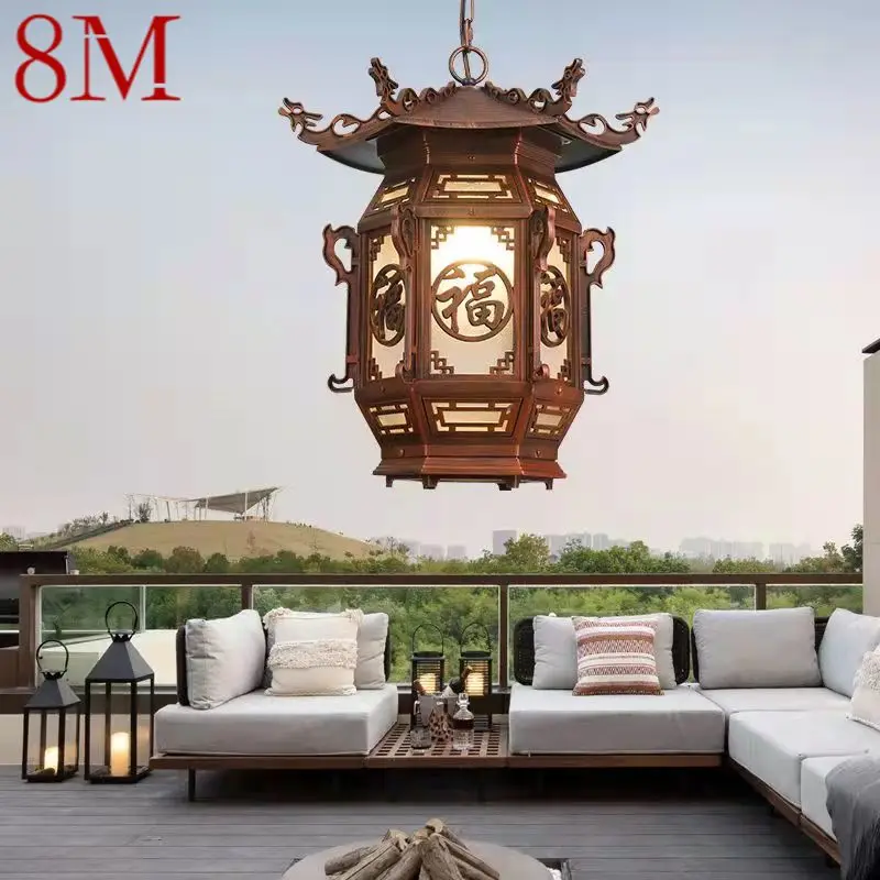 8M Chinese Lantern Pendant Lamps Outdoor Waterproof LED Brown Retro Chandelier for Home Hotel Corridor Decor Electricity