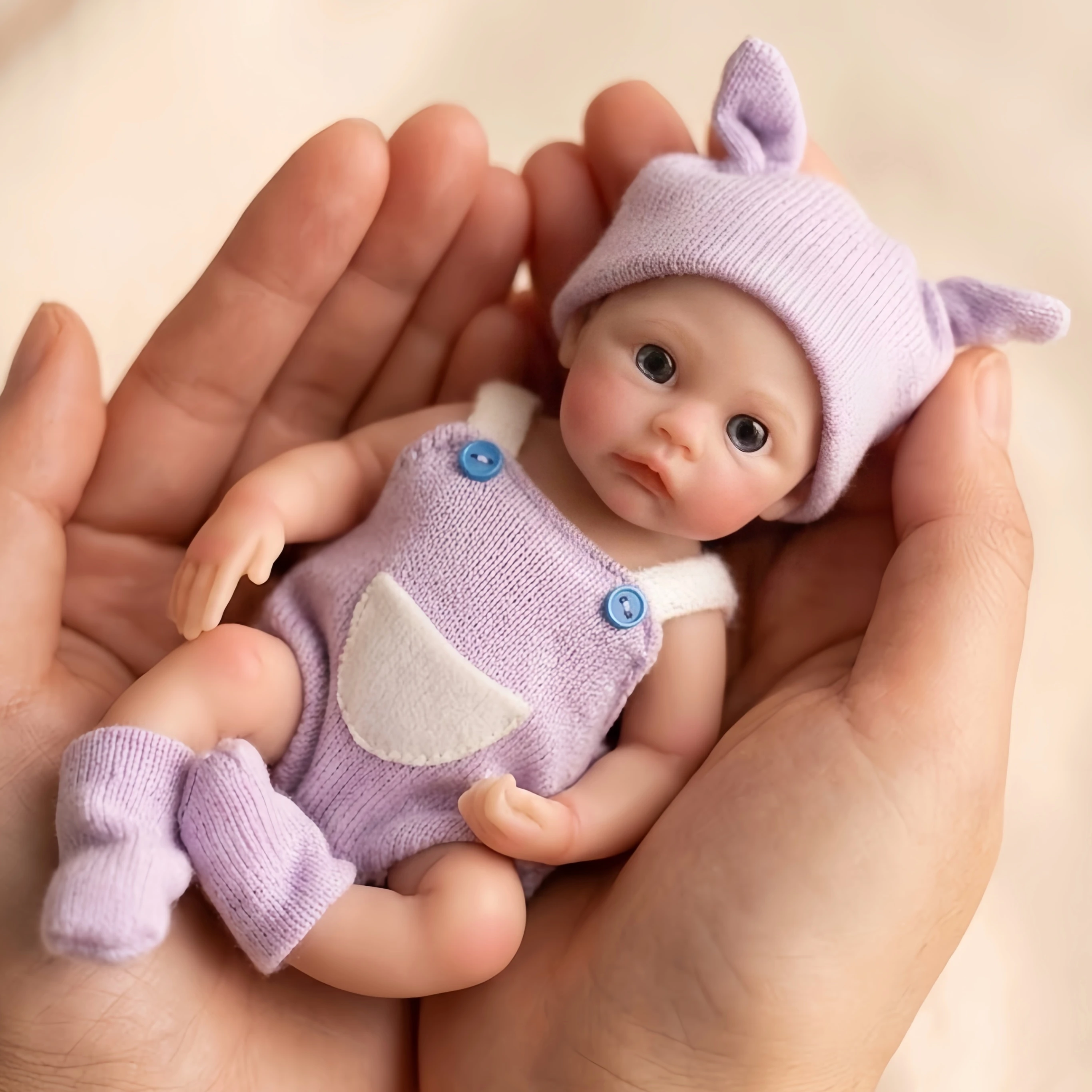 

6 Inch/15 cm Mini Silicone Reborn Girl Doll, Washable, Hand Painted Vivid Skin, Purple Outfit, Bebe Reborn De Silicona