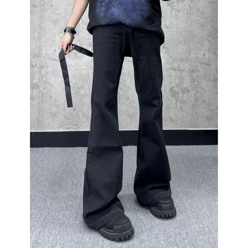 

Черные джинсы-клеш, мужские облегающие длинные драпированные джинсы в уличном стиле, американские джинсы, перетаскивающие брюки, модный бренд