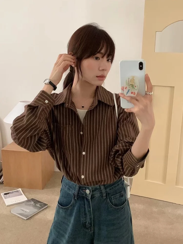 

Retro Korean Striped Long Sve irt Thin Outerwear Casual Versatile Top for Spring Autumn Leisure Sle Commute Friendly