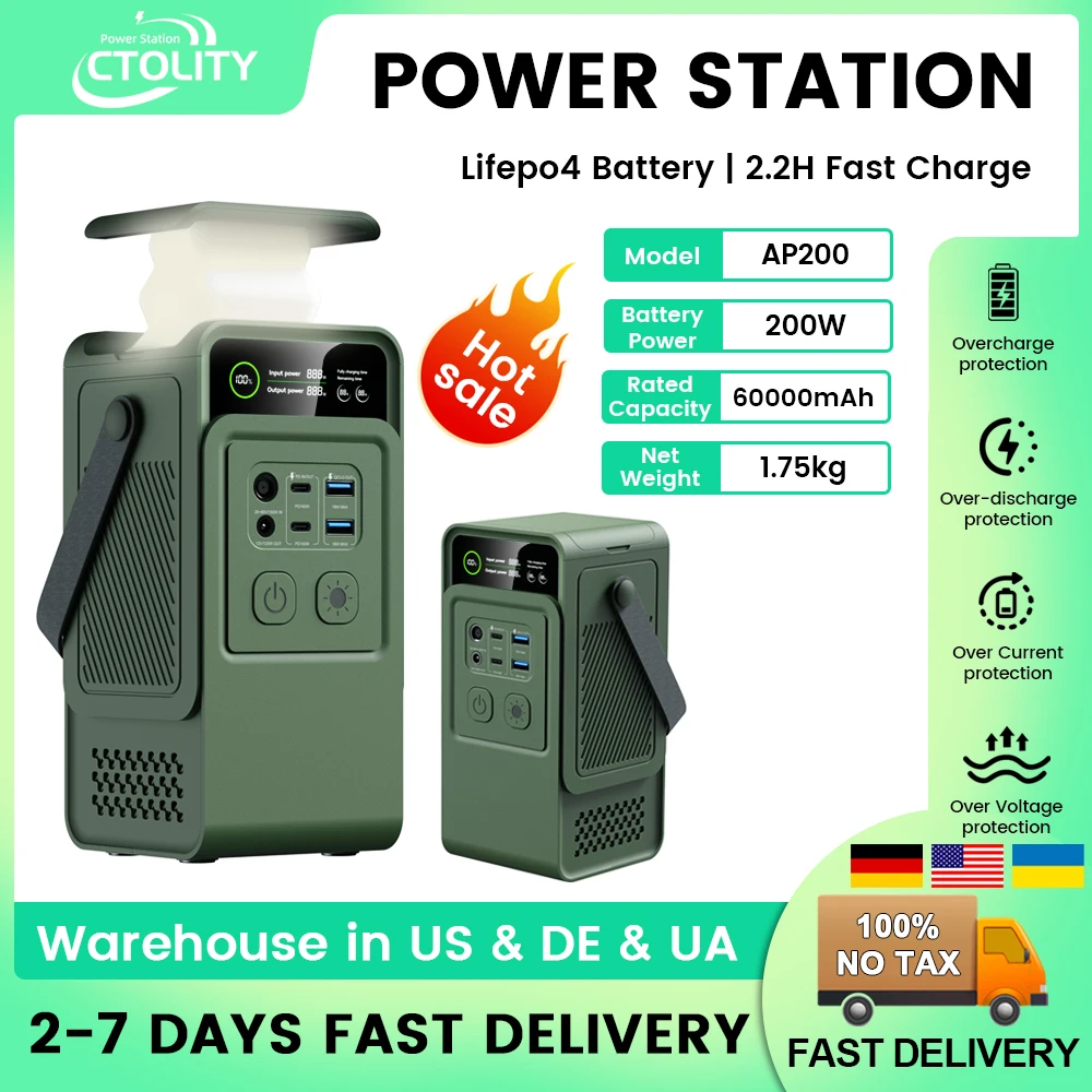 

CTOLITY AP200L Solar Generator 200W Portable Power Bank 192Wh Camping LiFePO4 Battery PD3.1 140W Ultra Fast Charging DC Charger