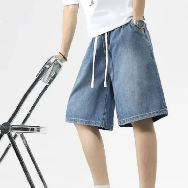 2026 New Korean Style Vintage Mens Jeans Summer Loose Men Wide Leg Knee Length Shorts New Washed Fashion Short Denim Pants