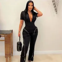 Streetwear Front Zipper Turn-down Collar Cargo Jumpsuit Women Short Sleeve Multiple Pockets One Pieces Romper Casual Overalls - Image 3