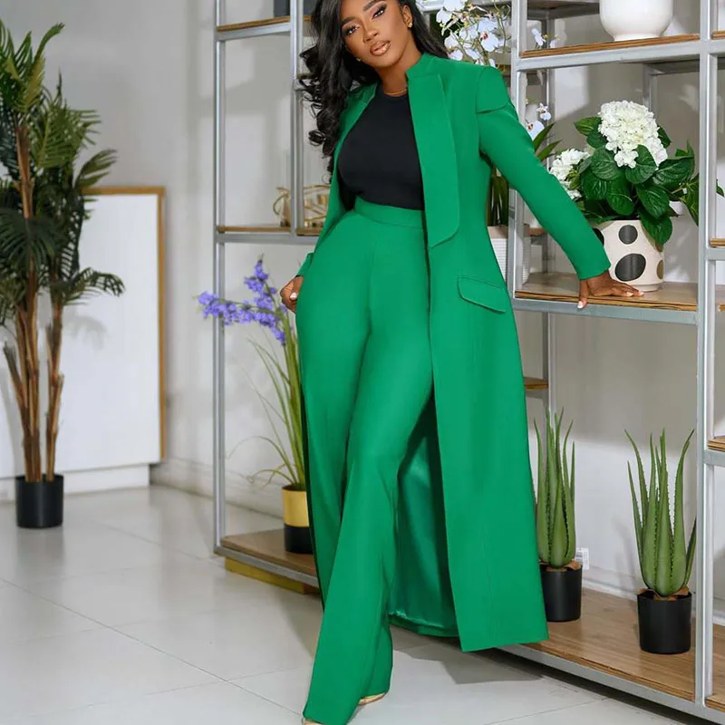 Vintage Elegant Formal Two Piece Set for Women Matching Sets Office Lady Business X-long Blazer Coat and Wide Leg Pant Suits