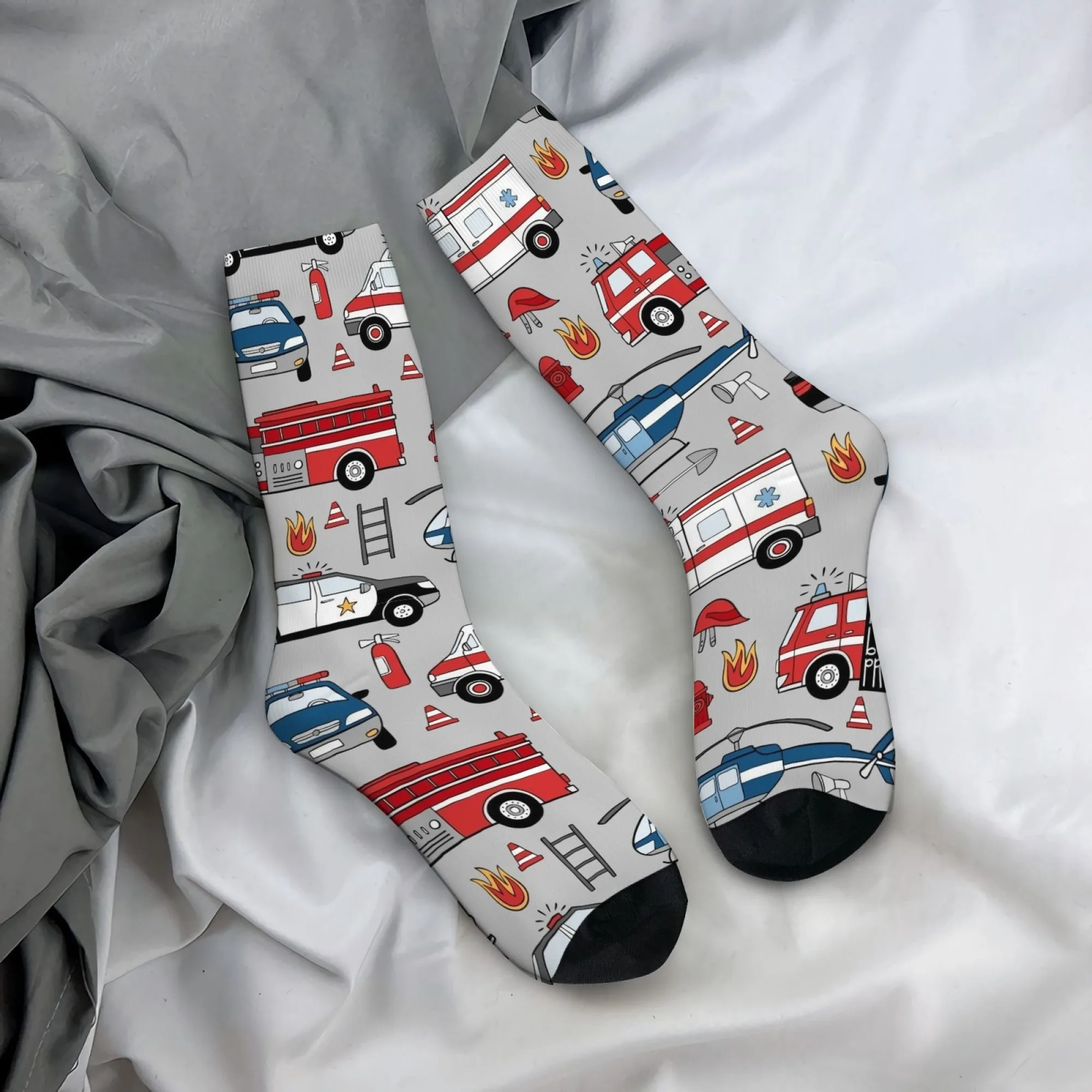 

Playful Rescue-Themed Socks Hand-Painted Graffiti Ambulance and Airplane Print Men's Mid-Calf Socks Bright and Lively Gray