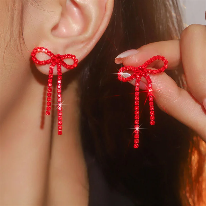 الرجعية الأحمر Bowknot وأقراط للنساء الفتيات عقدة بسيطة الباليه الشريط ثقب القرط جماليات الحفلات الأذن مجوهرات هدايا