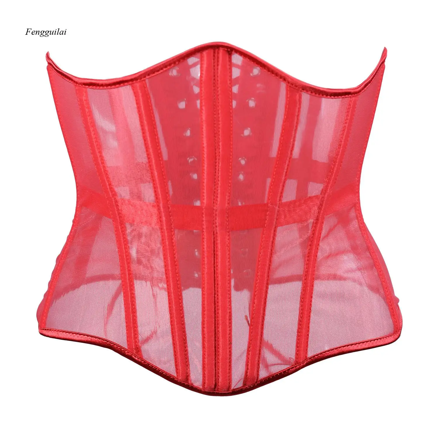 Mid-Length Fish-Bone Belt Waistband Sheer Net Fabric Breathable Thin-Style Corset with 16 Fish-Bones
