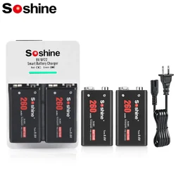 Soshine 260mAh 9V 6F22 Rechargeable Battery and 2 Slots Smart US EU Charger 6F22 9 Volt Ni-MH Batteries for Microphones Monitori