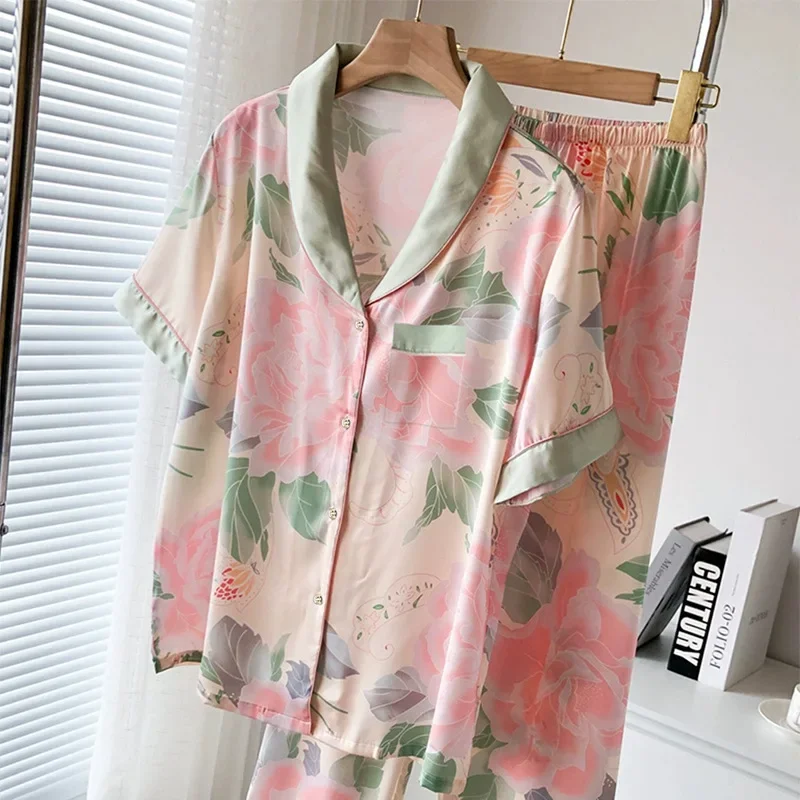 Women Pajamas Set Spring Summer 2 Piece Peony Floral Pyjama Faux Silk Satin Sleepwear Short Sleeve Pijama Mujer Pjs Homewear