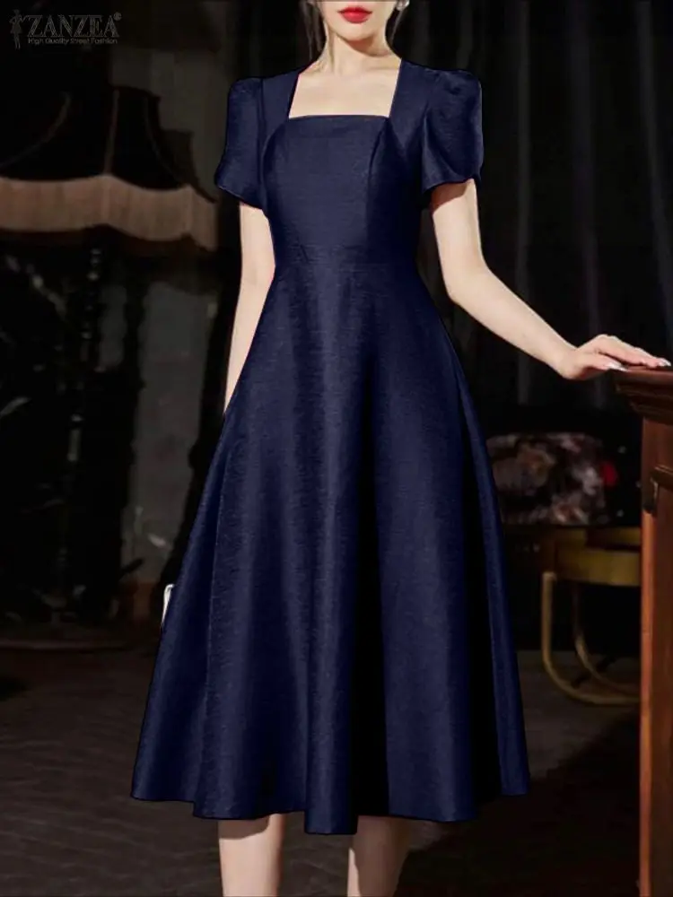 우아한 파티 드레스 ZANZEA 여성 드레스 2025 스퀘어 넥 페탈 슬리브 새틴 선드레스 허리 라인 스타일리시 솔리드 OL 워크 베스티도