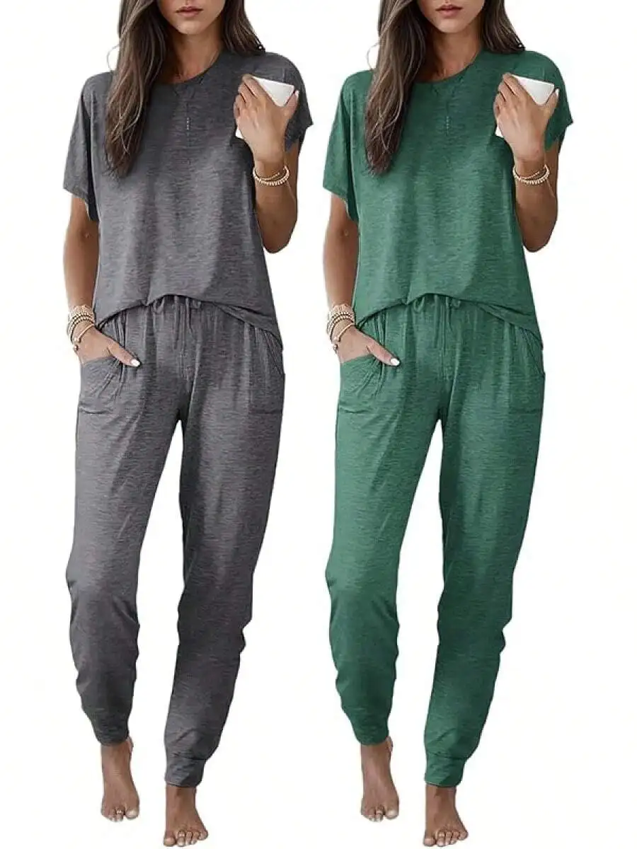 2 Pack Womens Short Sleeve Pajama Sets With Pockets Jogger Pants Soft Lounge Sleepwear