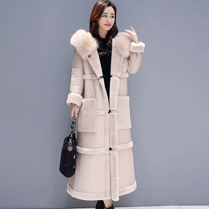 Women's Splicing Lamb Wool Jacket, Loose Thick Warm Parker Coat, Long Fur, One Hooded Cotton Coats, New Winter Outwear, 2