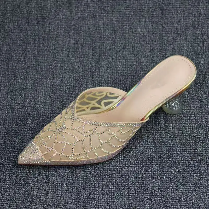 

Женские туфли-мюли с открытым носком на шпильке, украшенные стразами и кристаллами, летняя новинка 2026 года, модные