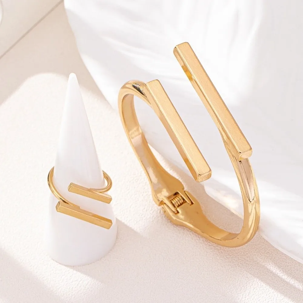 Creative Bangle Ring Set Square Shape Exaggerated Geometric Open Bracelet Adjustable Metal Jewelry Set Women's Accessories