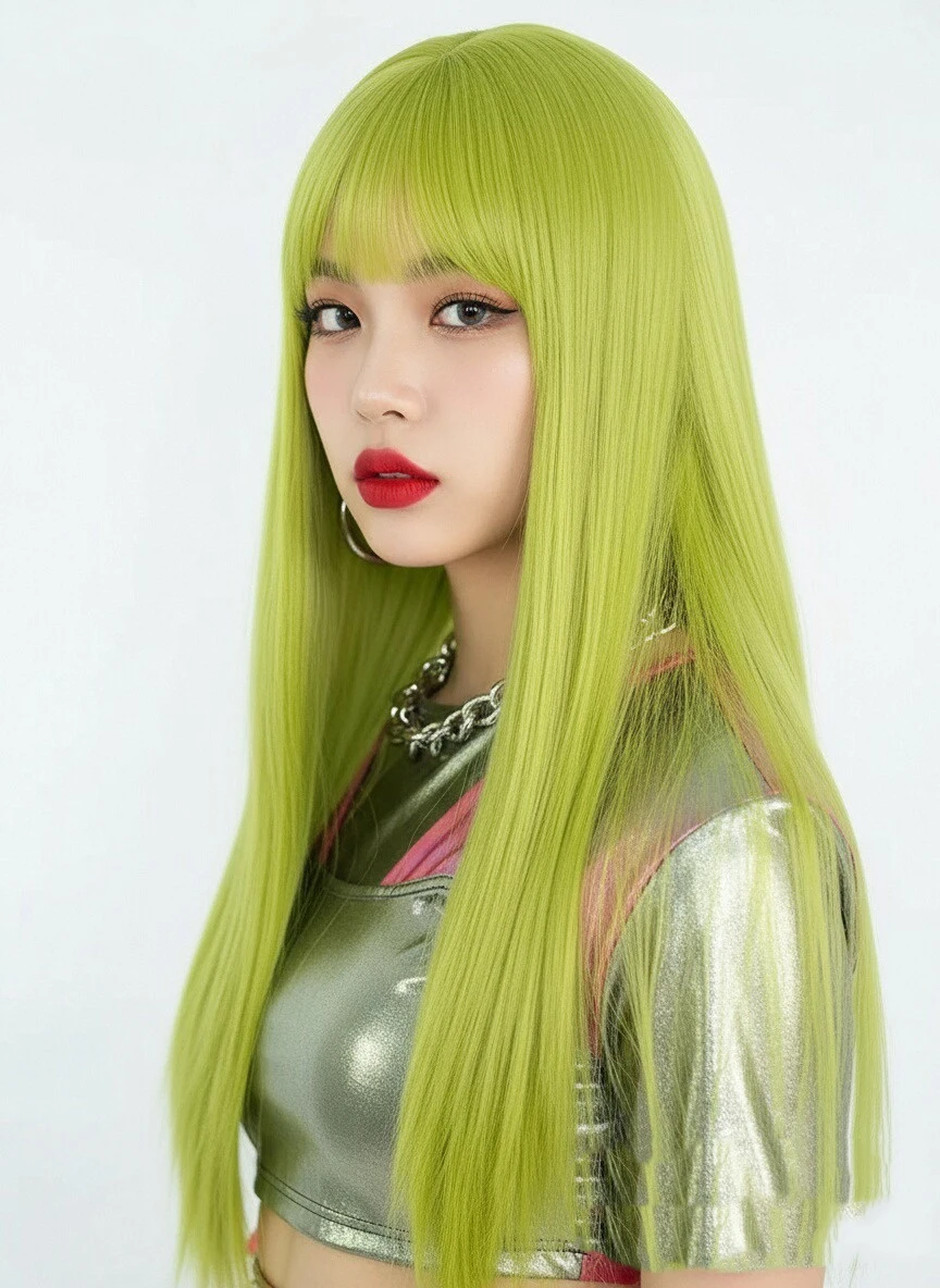 الاصطناعية طويلة مستقيم الباروكات الخضراء مقاومة للحرارة رقيق المرأة لوليتا شعر مستعار تأثيري مع الانفجارات للحزب اليومي #1