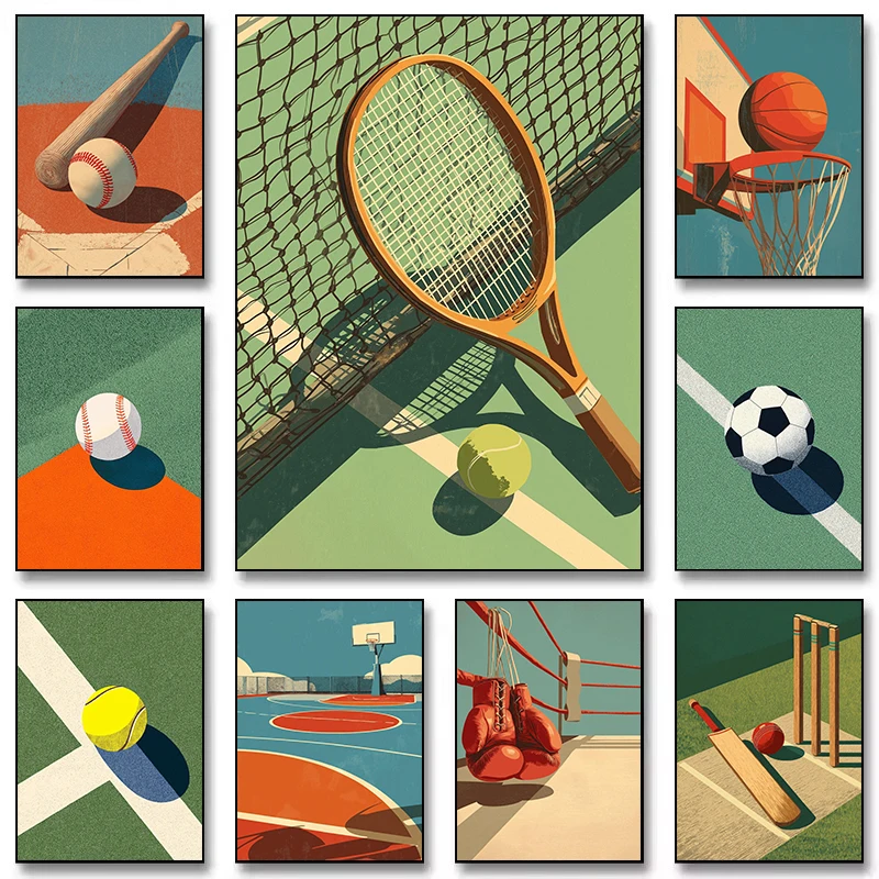 Retro Minimalist Sports Ball&Net Tennis Basketball Soccer Illustration Poster Canvas Painting Wall Art Pictures Home Decor