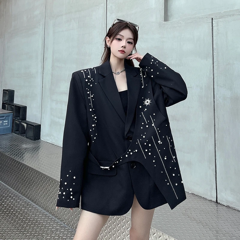 

SuperAen Black Notched Jacket Autumn New Asymmetrical Embroidered Flares Design Diamonds Loose Waist Tailored Coat