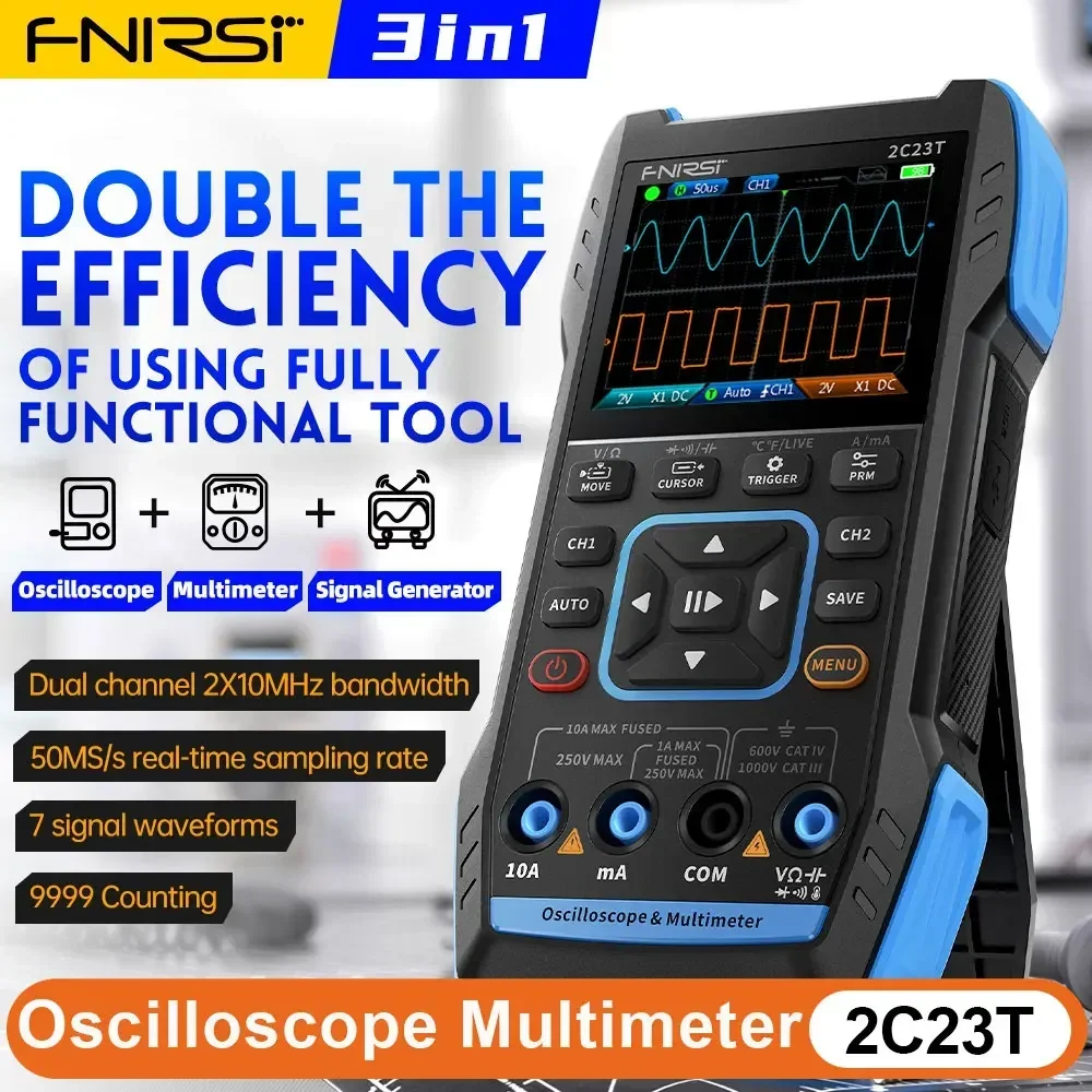 

FNIRSI 2C23T Handheld Digital Oscilloscope Multimeter + Function Signal Generator 2023 Latest 3IN1 Dual Channel 10MHZ*2 50MS/s