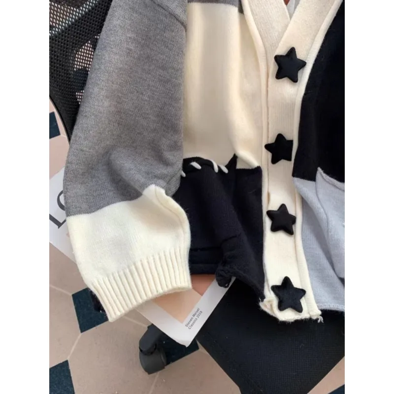 Women's Spring Autumn Tops Coat Cardigan Sweater Star Splicing Vintage Comfortable Loose Casual Design Fashion Soft Niche Skinny