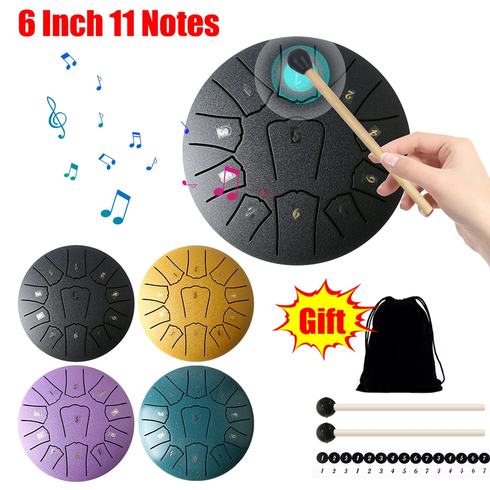 6 Inch 11 Notes Steel Tongue Drum with Drum Bag Music Book Drum Mallets Rain Drum Instrument for Yoga Meditation Unique Gift