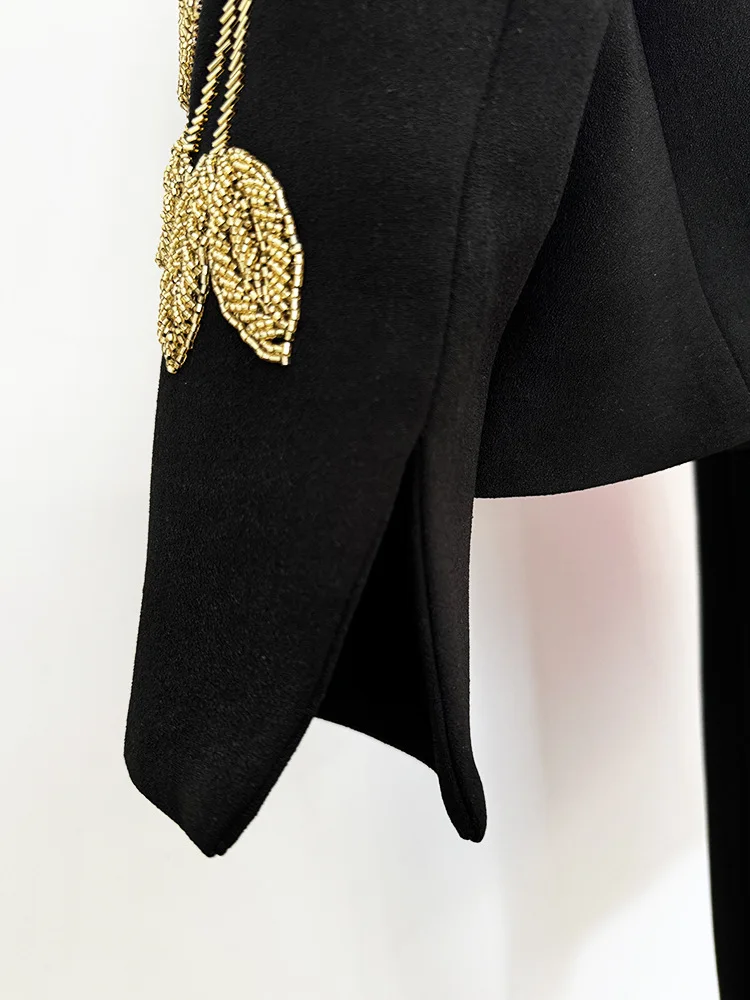 Luxury Bead Design Black Outfits 2024 New 3D Nail Bead Flower Decoration Seven Quarter Sleeve Top Jacket Mid Length Skirt Set