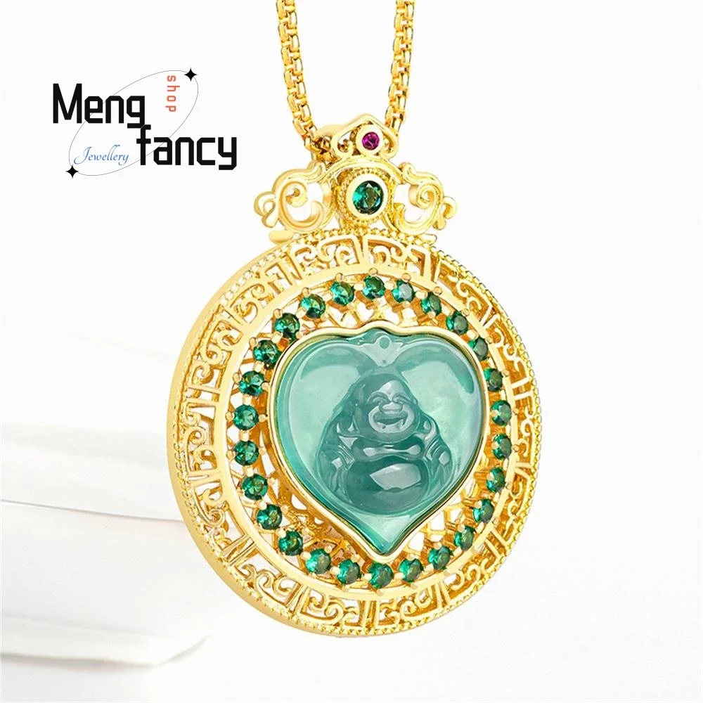 Natural A-goods Jadeite Blue Water Maitreya Buddha Copper Gold-plated Inlaid Icy Jade Pendant Exquisite Luxury Fashion Jewelry