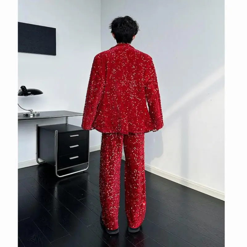 Red Black (Jackets + Pants) Men Suit Sets Dress Blazer Stage Show Shiny Clothing Plain Color Long Sleeve Suit Jacket with Pants