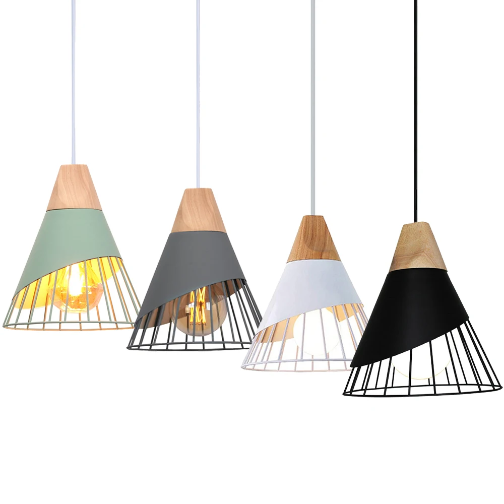 

Modern Wood Iron Frame Pendant Lamp Nordic Hanging Light Lampshade for Bedroom Kitchen Dinning Living Room Cafe Bar Chandeliers