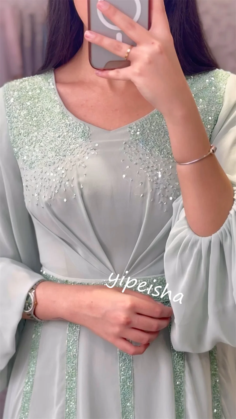 Vestido de noche de gasa con lentejuelas para mujer, traje Midi con cuello redondo, a medida, ideal para fiesta de graduación, Arabia Saudita