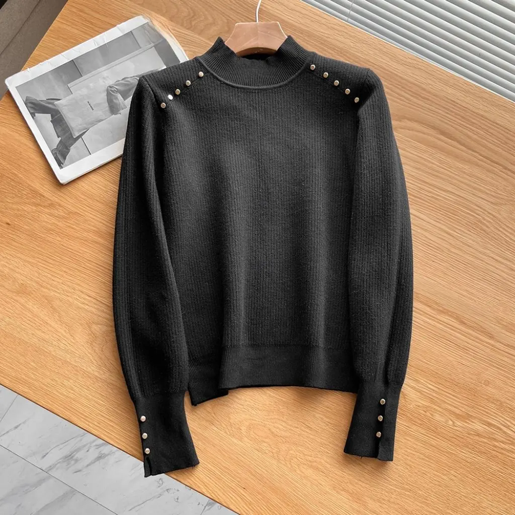 

Korean Women's Wool Crew Neck Sweater 00SY-736 Autumn Winter Fashion Gentle Wind Shoulder Button Decoration Wholesale