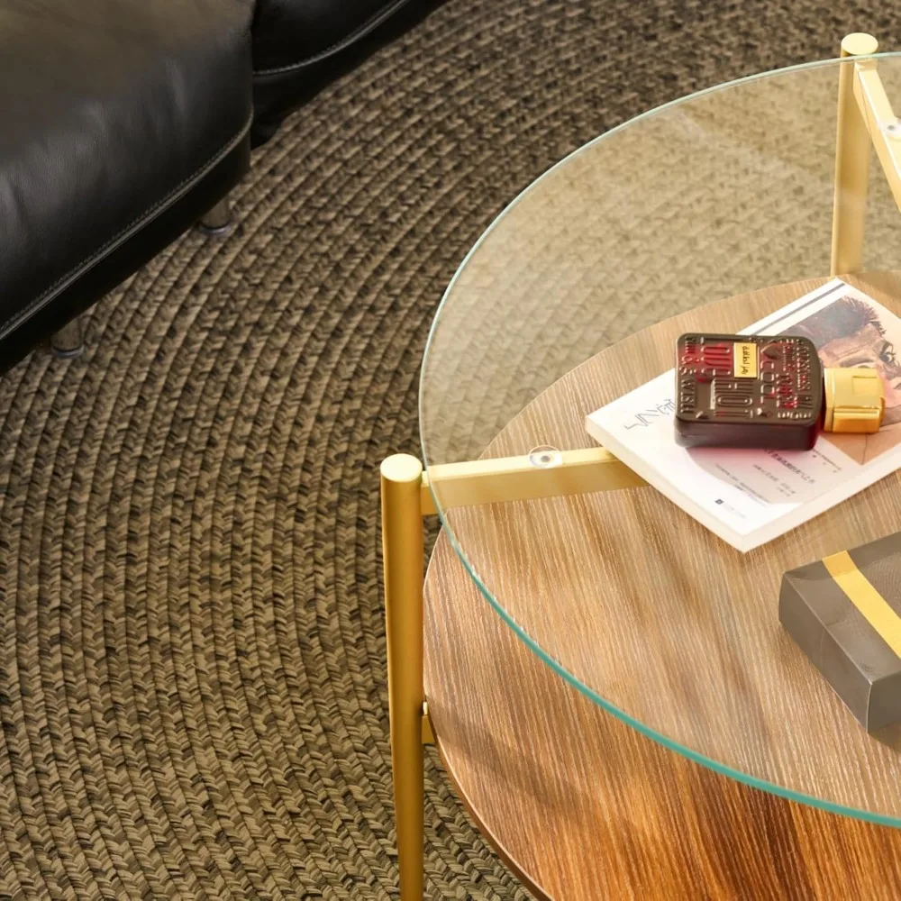 Mid-Century Modern Mossi BLEVIO Round Coffee Table with Clear Glass and Walnut Brown Frame for Living Room
