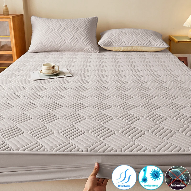Quilted Mattress Cover Fitted Sheet, Anti-Mite Antibacterial Breathable Soft Mattress Protector, Non-Slip Deep Pocket Silent