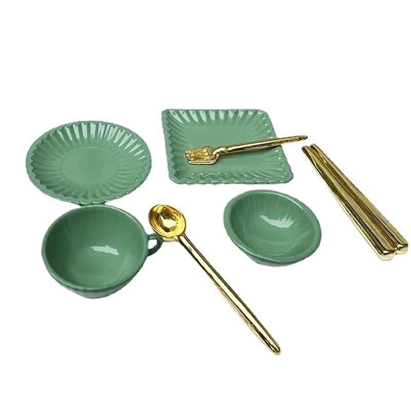 Pratos em miniatura, xícaras de café, facas, garfos, colheres para brincar de fingir 7 unidades/conjunto, acessórios de brinquedo de cozinha para casa de bonecas escala 1:12