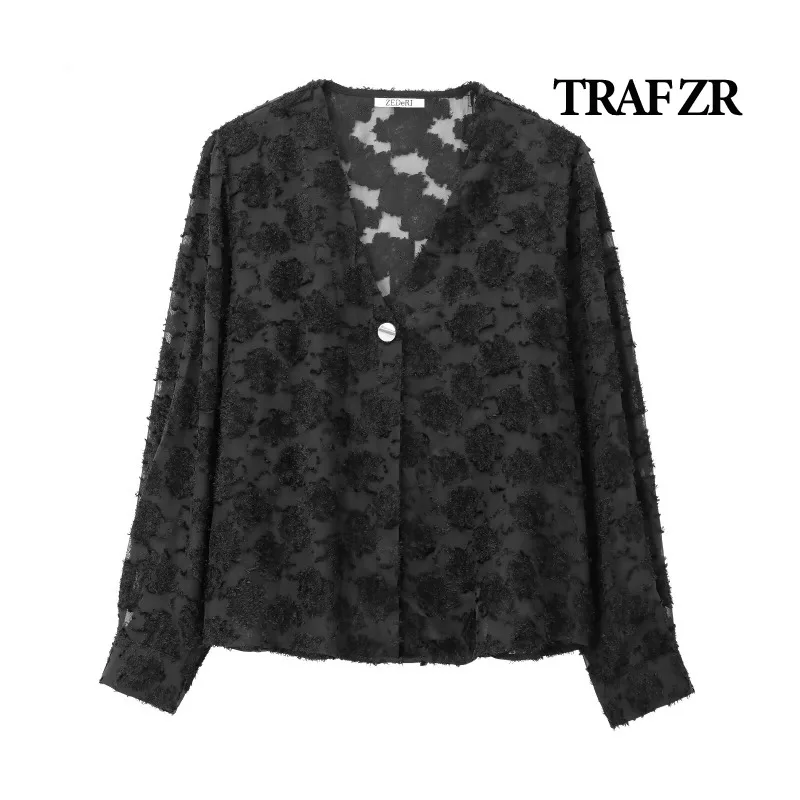 TRAF ZR Zwarte blouses voor dames Borduren Vintage blouse Herfst damesshirt Elegante luxe damesblouses met lange mouwen