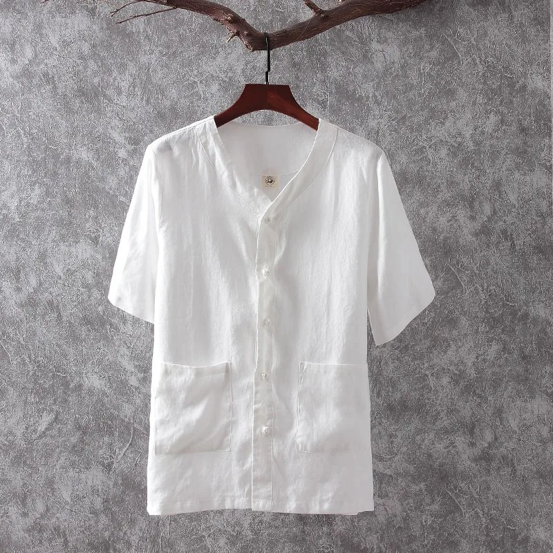 chemise-en-lin-pur-pour-homme-manches-courtes-style-tang-hanfu-coupe-ample-tenue-decontractee-d'ete-style-chinois-vetement-a-boutons-pour-le-the