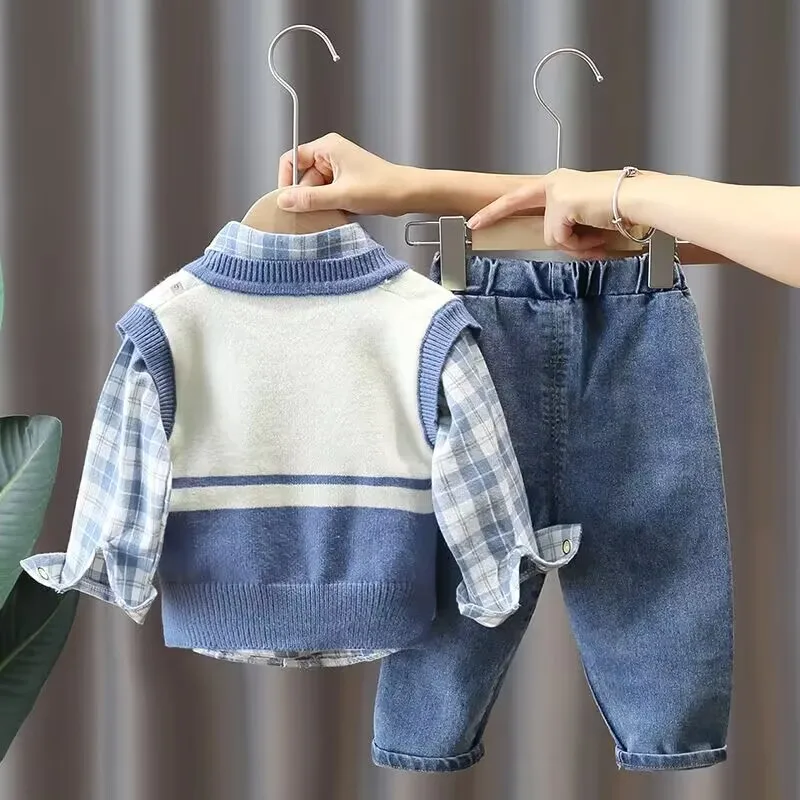 Children\'s Spring and Autumn Clothing Set New Boys\' Long Sleeve Shirt Vest Jeans 3-piece Baby Casual Clothing Set