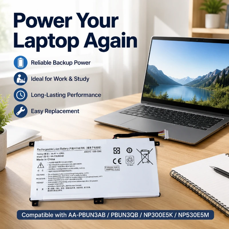 

Compatible NP300E5K NP530E5M 3500EL AA-PBUN3AB PBUN3QB 11.4V 43Wh 3780mAh Li-ion Replacement Laptop Battery Pack for Notebook PC