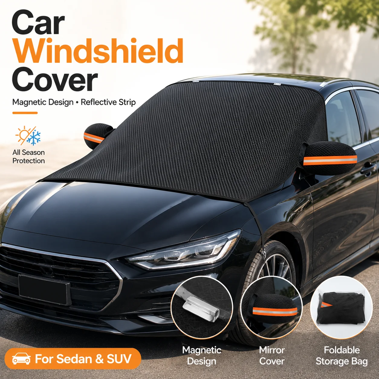 Car Front Windshield Cover Universal Vehicle Protector With Foldable Design Magnetic Strip, Reflective Window Shield Hook Strap Fastening Storage Bag, Easy Install Sun Snow Rain Protection, Rain Shield Dust Protection For Daily Sedan SUV Accessories