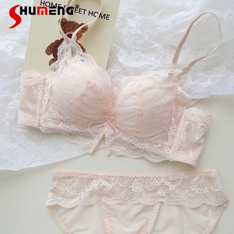 لطيف الرغبة النقية الملابس الداخلية للنساء اللاسلكية الصغيرة الصدر رفع مجموعات موجز الإناث النمط الياباني الدانتيل مثير الصدرية البدلة