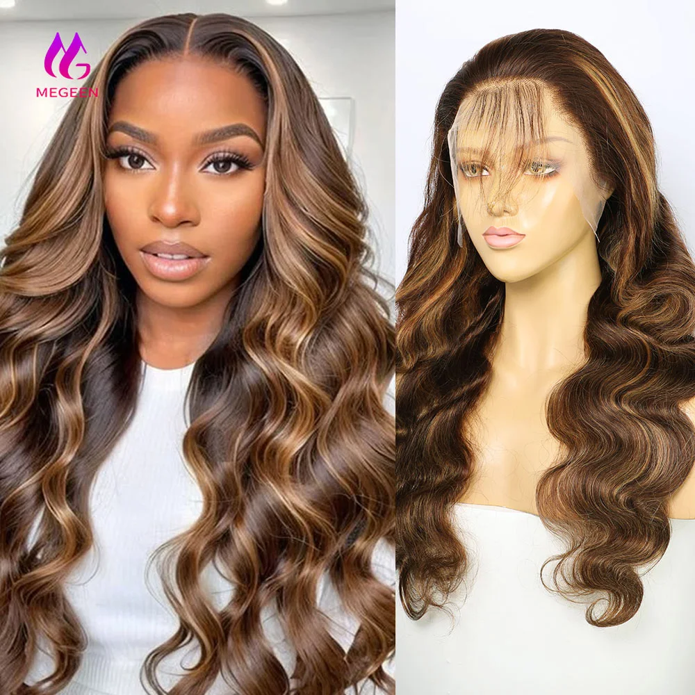 Megeen P4/27 Honey Blonde Ombre Colored Wig Highlight Body Wave Full Lace Front Wig HD Transparent Lace Frontal Wig 180% 36 Inch