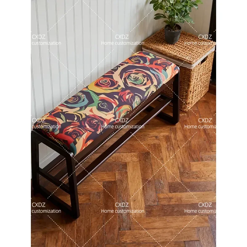 Solid Wood Shoe Changing Stool with Soft Cushioned Seat Entryway Bench for Home Doorway Storage Seating Furniture