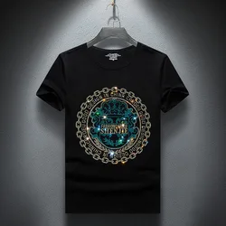 2024 Abstract Pattern Rhinestones T Shirt Men Summer Tops Fashion Streetwear Short Sleeve O Neck Slim T-shirts Man Plus Size 7XL