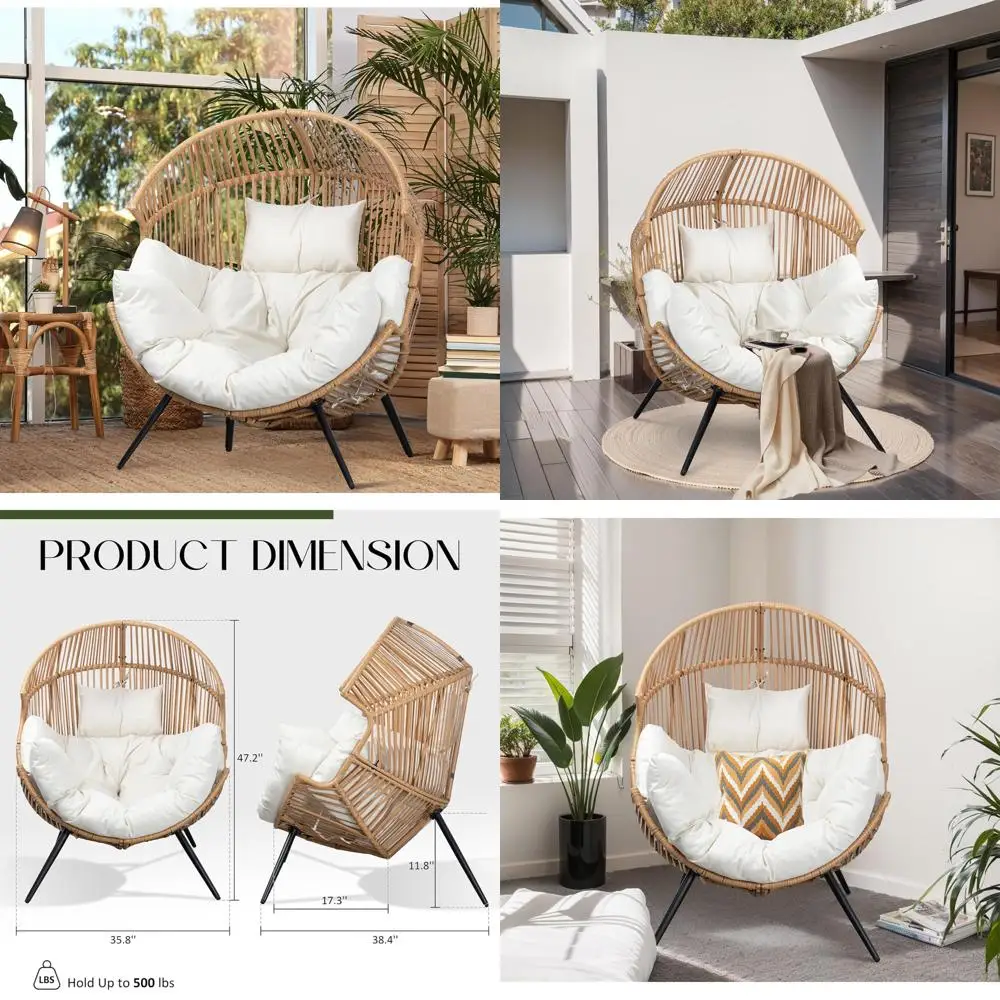 

Oversized Wicker Outdoor Lounge Chair with Cushion for Patio and Indoor Living Spaces