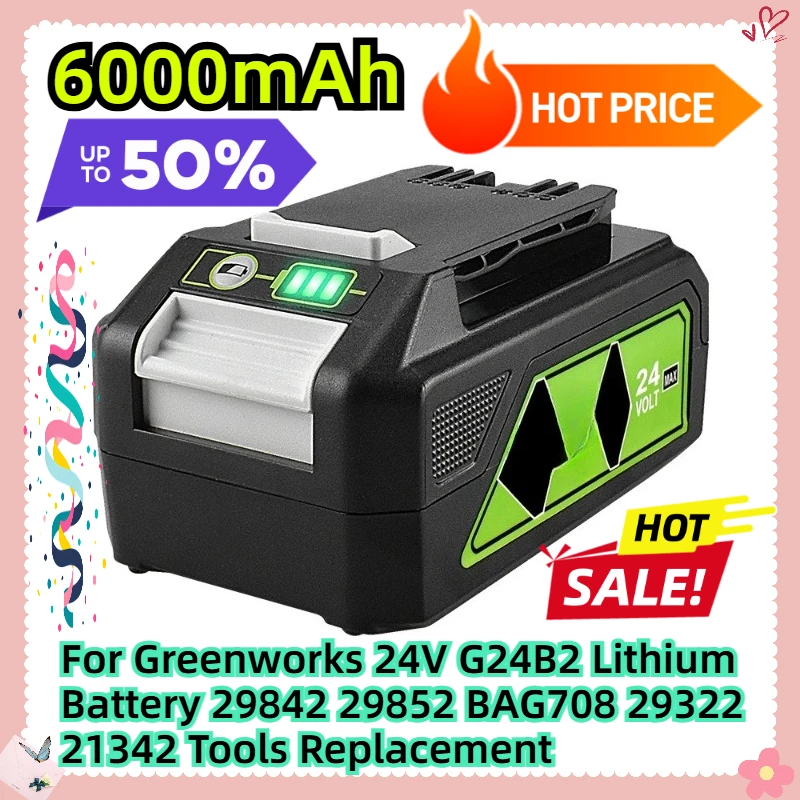 

6000mAh For Greenworks 24V G24B2 Lithium Battery 29842 29852 BAG708 29322 21342 Tools Replacement