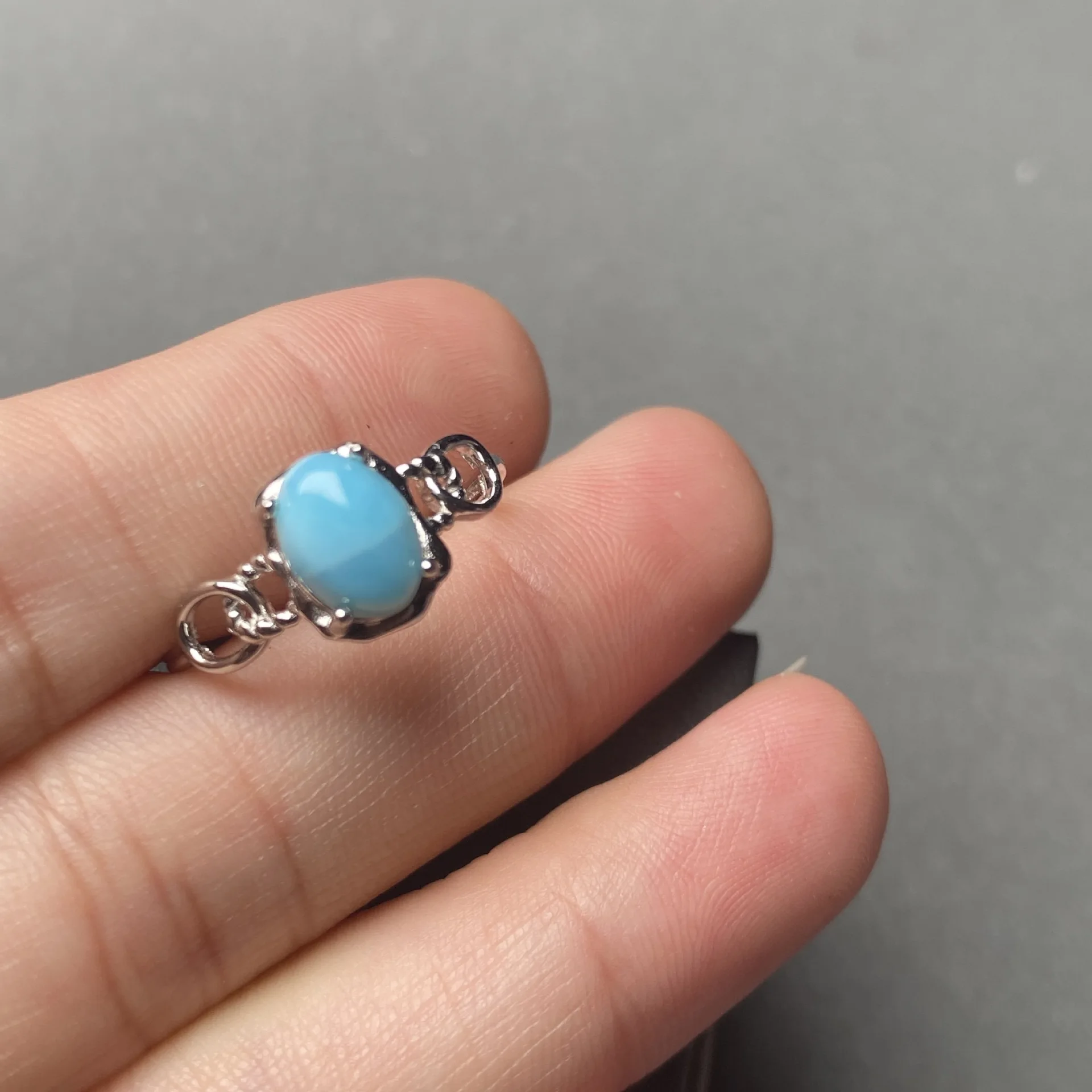 HUAYI Designs Luxury flower Natural oval Larimar ring Adjustable 925 Sterling silver rhodium