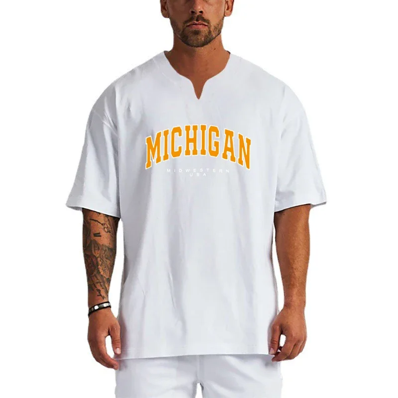 T-shirt d'été pour homme, imprimé Michigan Midwest USA, surdimensionné, pour la gym, la musculation, le fitness, le sport, en coton, col en V, ample