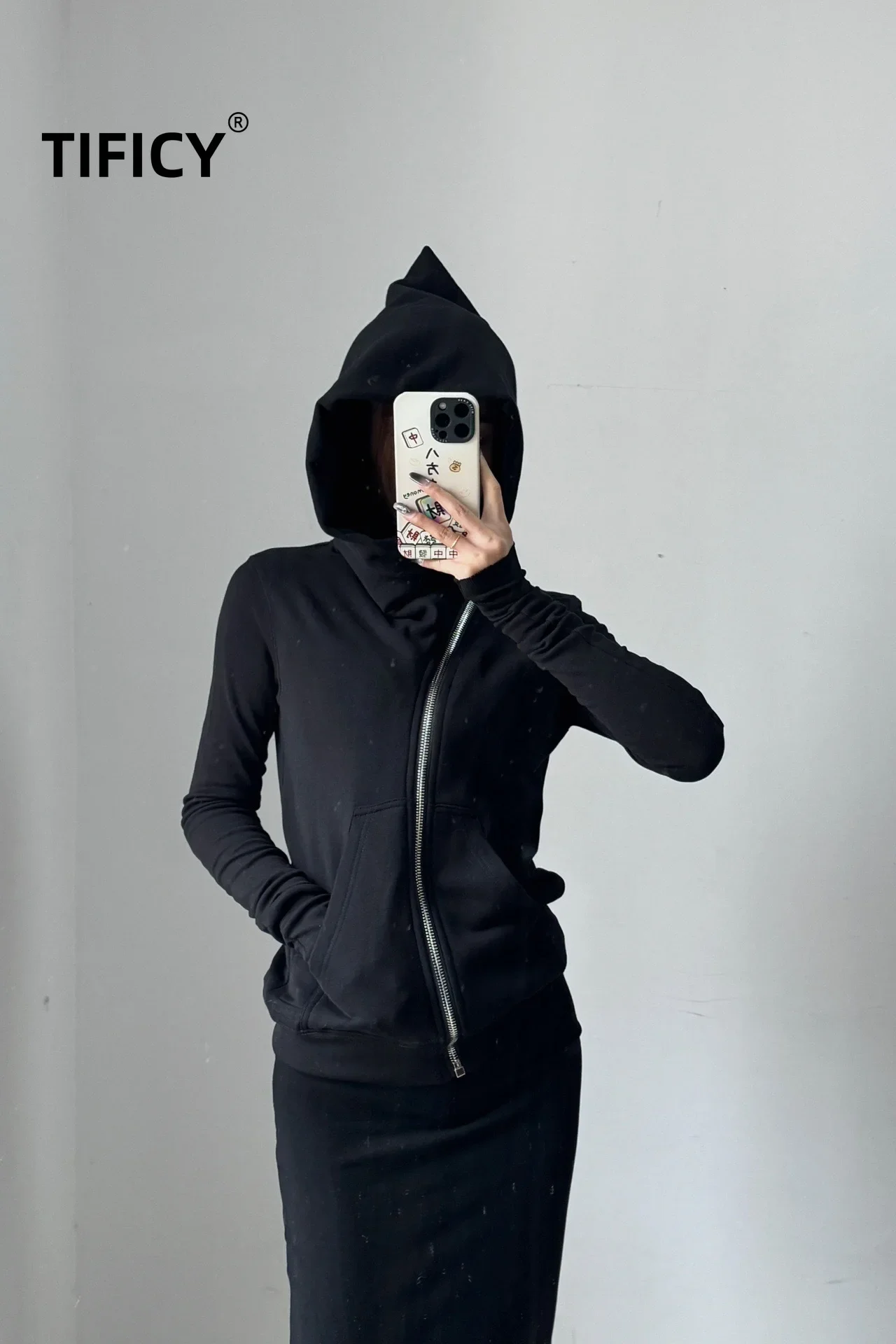 TIFICY High Street Women's Dark Wizard Hat Ribbed Sleeves Black Zipper Cotton Solid Color Hooded Sweatshirts Hoodie Coat