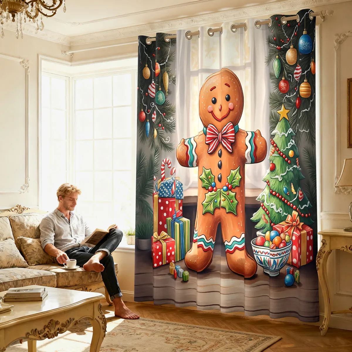 Christmas Gingerbread Man Xmas Decor Single Panel Loop Curtain, Door Hanging Curtain Living Room Bedroom Fashion Home Ornamen view 4
