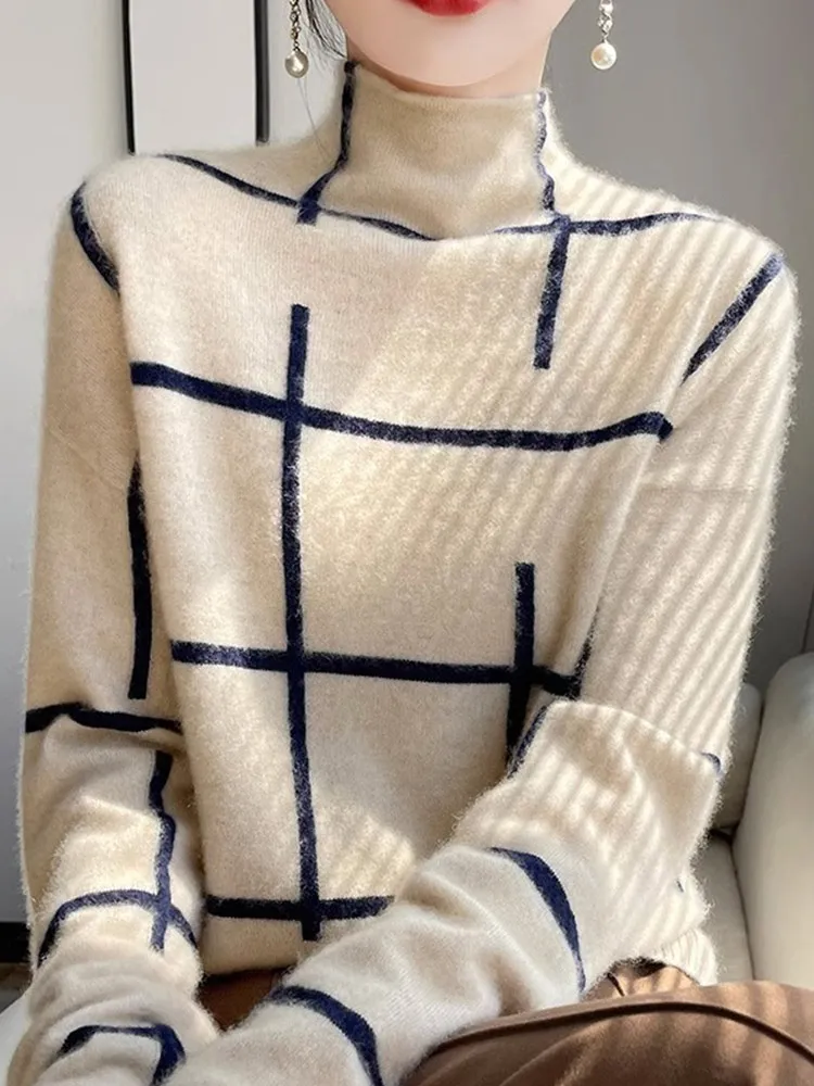 

Autumn Winter Plaid Knit Sweater Casual Loose Slimming Color Blo Base Layer irt Faionable Commute Sle High Collar Lon...