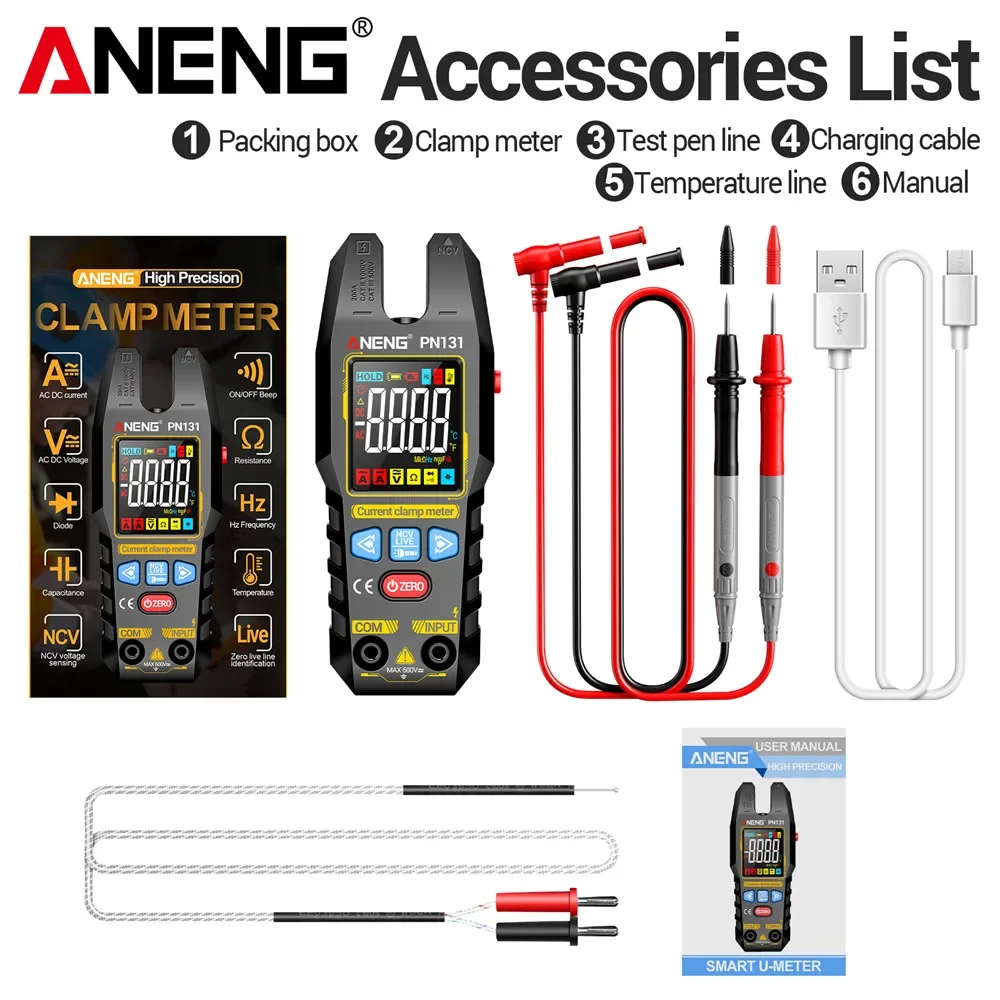 ANENG PN131 Clamp Gauge Type-C Charge 4000 Count NCV Induction Electrical Testing and Maintenance Special Table for Electricians